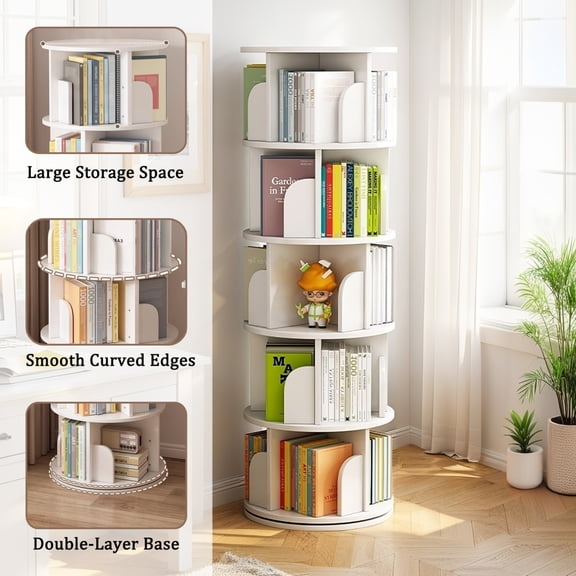5-Tier Rotating Bookshelf, 360° Spin Display, Space-Saving Storage for Small Rooms, Bedroom, Living Room, Office Use, Warm White
