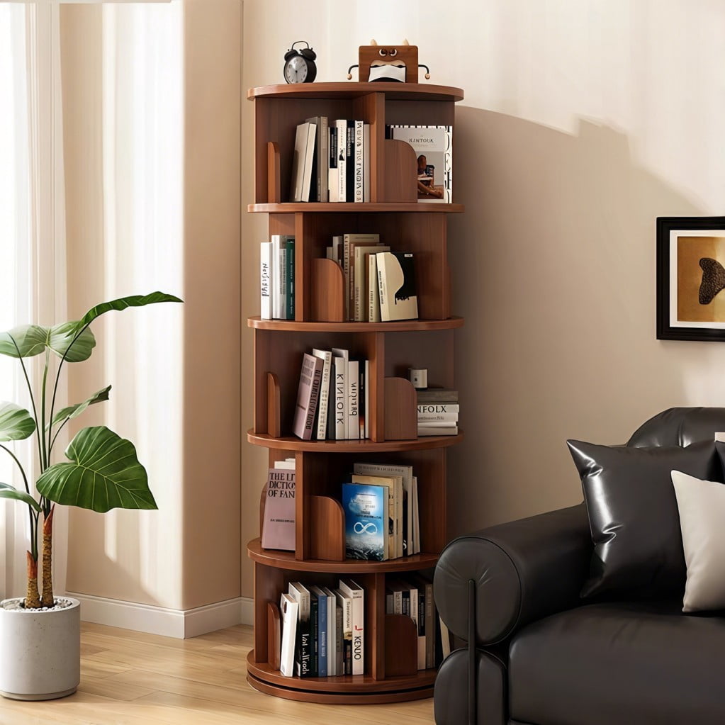 5-Tier Rotating Bookshelf, 360° Spinning Bookcase Tower, Space-Saving Round Display Shelf for Books, Magazines & Decor, Small Space Organizer for Bedroom, Living Room & Office, Walnut