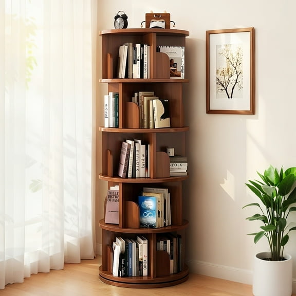 5-Tier Rotating Bookshelf, 360 Spinning Display Tower, Space-Saving MDF Book Storage for Bedroom, Living Room, Office - Walnut