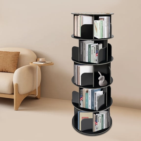5-Tier Rotating Bookshelf 62x18in Black PVC & Iron Spinning Bookcase 220 lbs Capacity Freestanding Shelf