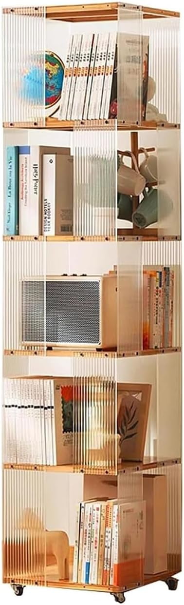 5 Tier Rotating Bookshelf, Clear Bookcase, Modern Storage Organizer ...