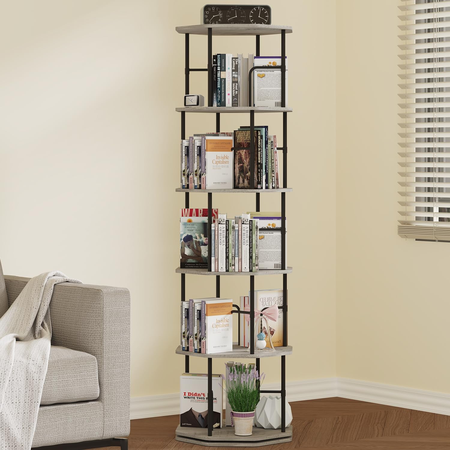 5 Tier Rotating Bookshelf Corner Spinning Bookshelf Tower with Bookends ...