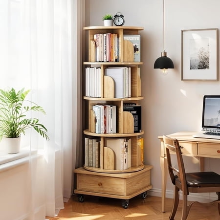 5 Tier Rotating Bookshelf with Drawer, 360° Display Round Spinning Bookcase with Wheels, Space-Saving, Small Space Swivel Book Tower for Bedroom, Living Room