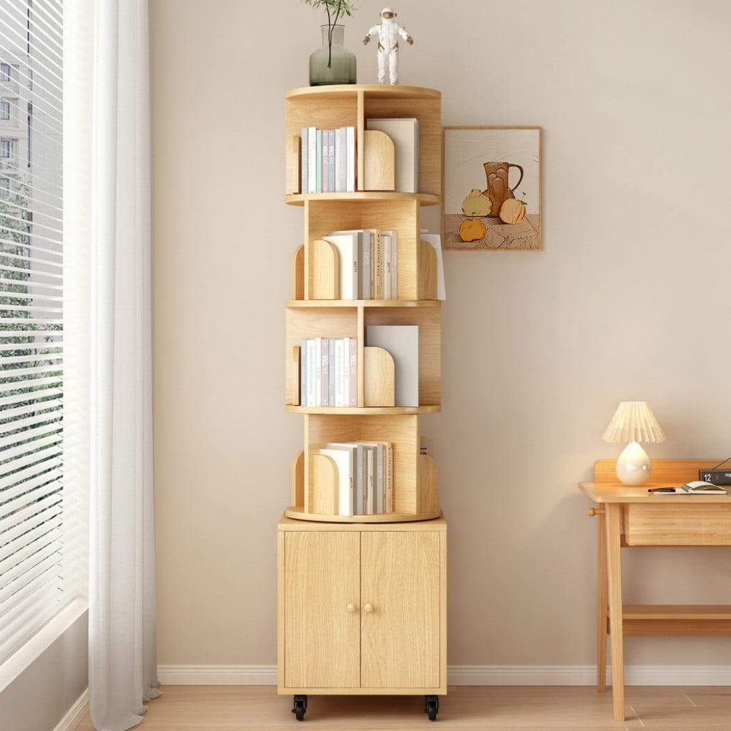 5-Tier Rotating Bookshelf with Drawer, 360° Spinning Corner Bookcase, Narrow Space-Saving Floor Standing Storage Rack for Bedroom, Living Room & Small Spaces, Natural