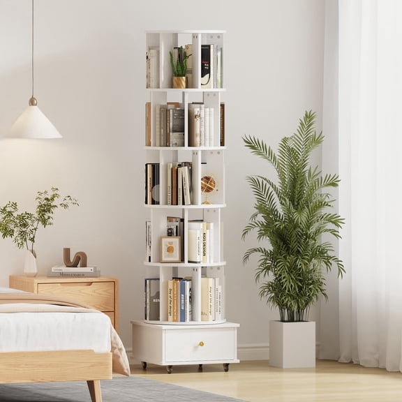 5 Tier Rotating Bookshelf with Drawers on Wheel,360° Display Spinning Corner Book Shelf Tower,Narrow Tall Bookshelves,Small Revolving Bookcase,Wooden Book Shelf Standing Storage Rack for Home