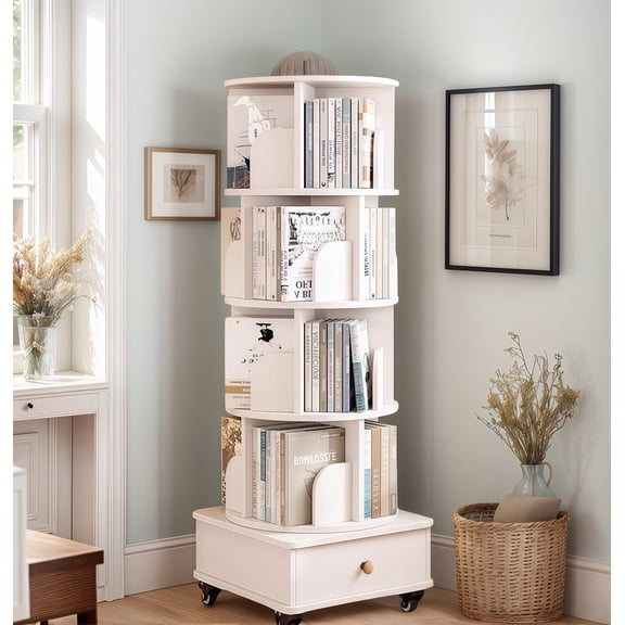 5 Tier Rotating Bookshelf with Drawers On Wheels, 360° Display Spinning Corner Book Shelf Tower, Narrow Tall Bookshelves, Small Revolving Bookcase, Wooden Book Shelf Standing Storage Rack for Bedroom