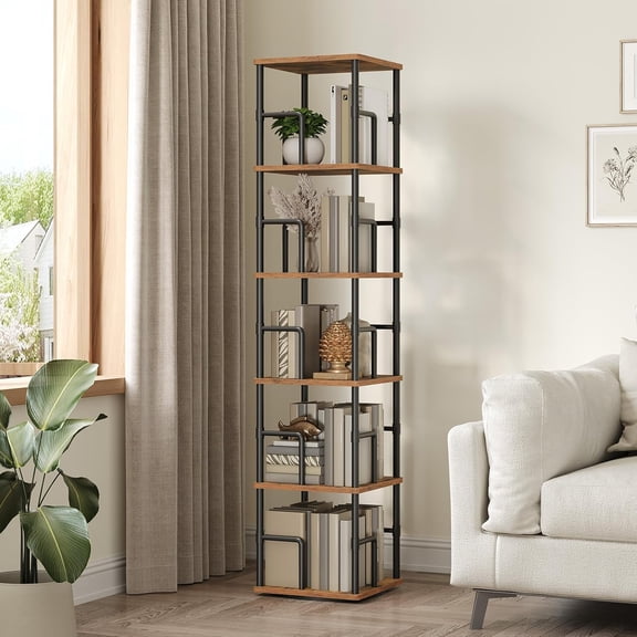 5-Tier Rotating Bookshelf, Freestanding Corner Bookcase with Storage Rails, Industrial Style Spinning Shelf for Living Room Bedroom Study, Rustic Brown and Black