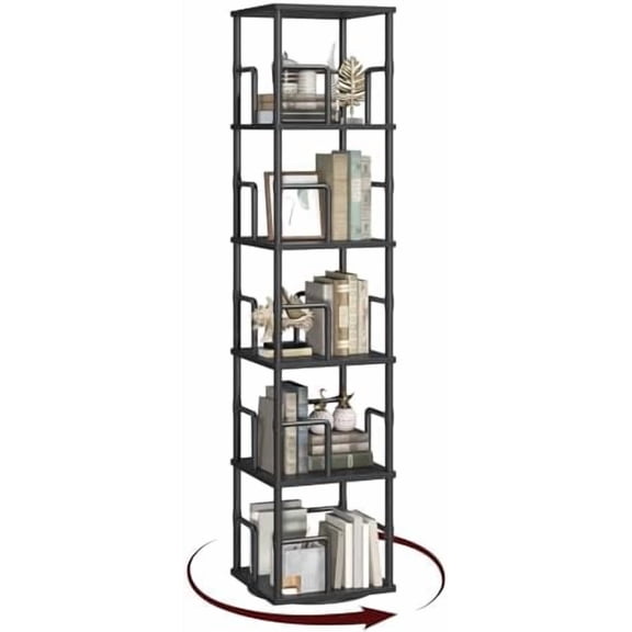 5-Tier Rotating Bookshelf, Freestanding Corner Bookshelf, 360° Spinning Bookcase, Industrial Style Storage Rack with Rails, for Living Room, Bedroom, Study, Black BKBK1601