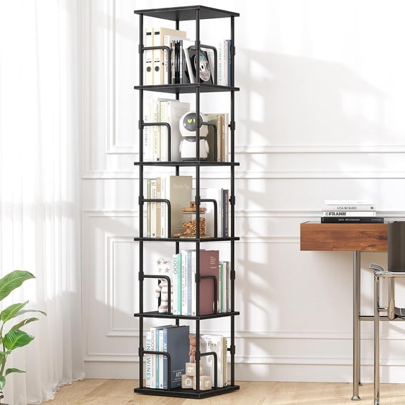 5-Tier Rotating Bookshelf, Freestanding Corner Bookshelf Industrial Style Storage Rack with Rails, for Living Room, Bedroom