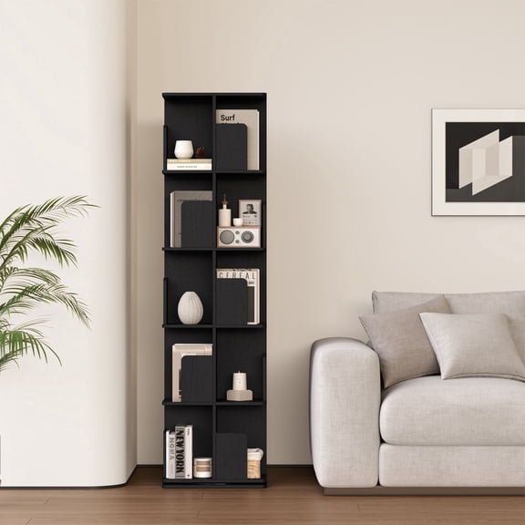 5 Tier Rotating Bookshelf, Small Corner Bookshelf For Small Space, 360 Display Floor Standing Bookcase Storage Rack, Wood Narrow Book Shelf Organizer For Bedroom, Living Room