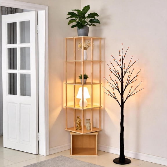 5-Tier Rotating Bookshelf, Solid Wood Bookcase with 360 Revolving Design, Compact Freestanding Storage Tower for Bedroom Kids Room Home Office