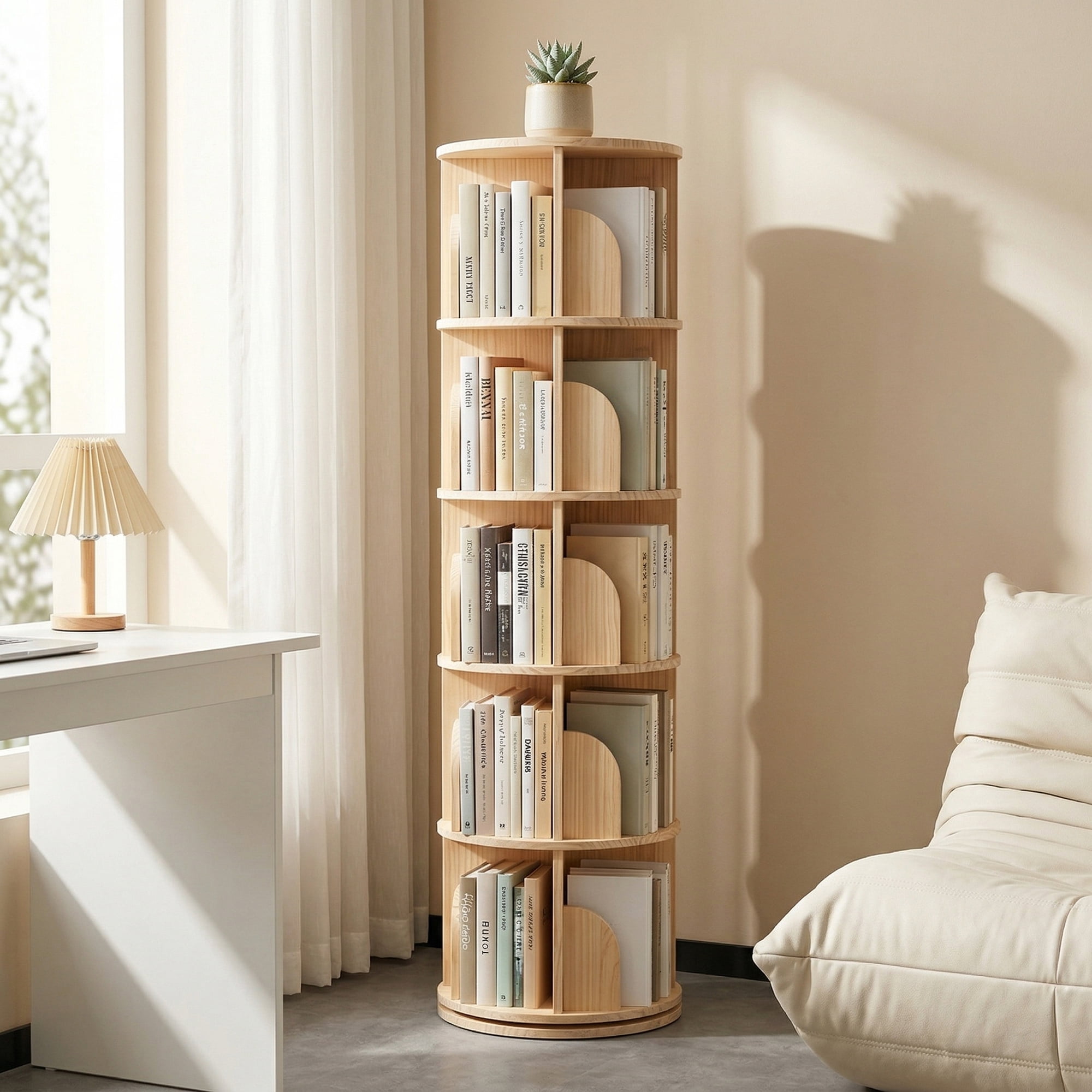 5 Tier Rotating Bookshelf, Tall Round Floor Standing Bookcase with 360° Spinning Design, Wooden Storage Display Shelf for Bedroom, Living Room, Home Office, Natural