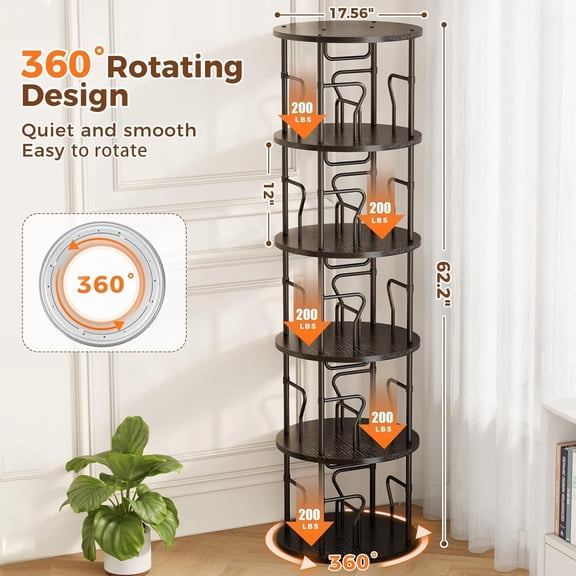 5 Tier Rotating Bookshelf Tower, 360 Display Round Bookcase, Floor Standing Corner Revolving Organizer for Small Spaces
