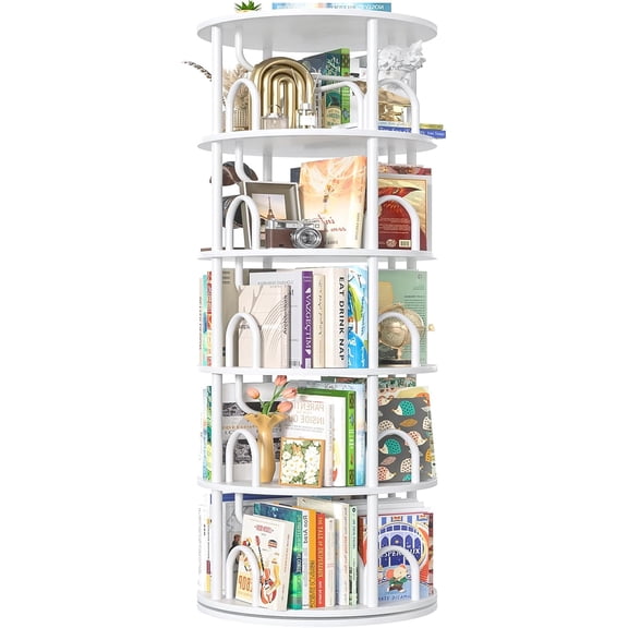 5 Tier Rotating Bookshelf Tower, 360 Display Spinning Bookcase, Revolving Round Book Shelf Narrow Swivel Bookshelf, Vertical Turning Spiral Corner Book Organizer for Small Space, White