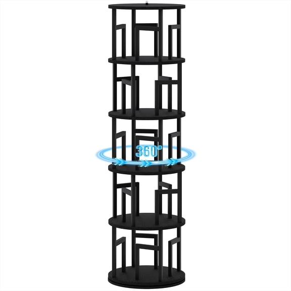 5-Tier Rotating Bookshelf Tower 360° Spinning Corner Bookcase, Space-Saving Revolving Display Shelf for Home Office Modern Metal Frame, Brown/Black