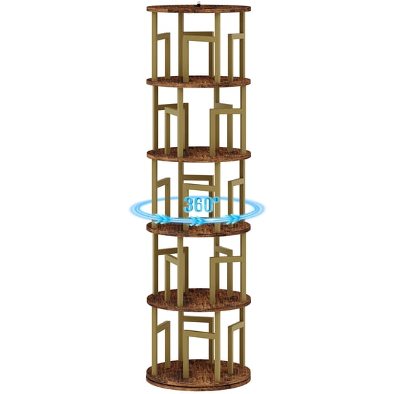 5-Tier Rotating Bookshelf Tower 360° Spinning Corner Bookcase, Space-Saving Revolving Display Shelf for Home Office Modern Metal Frame, Brown/Black