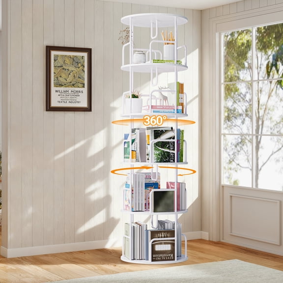 5 Tier Rotating Bookshelf Tower, 360 Spinning Corner Organizer, 62" Tall Narrow Bookcase for Bedroom, Living Room, Office, White