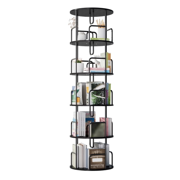 5 Tier Rotating Bookshelf Tower, 360° Spinning Revolving Bookcase, Narrow Tall Vertical Round Storage Bookshelf, Black, for Bedroom & Living Room