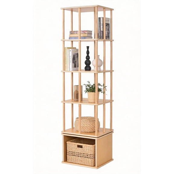 5-Tier Rotating Bookshelf Tower - Natural Oak Frame Bookcase with Storage Base, Cube Corner Bookshelf for Office, Bedroom and Living Room