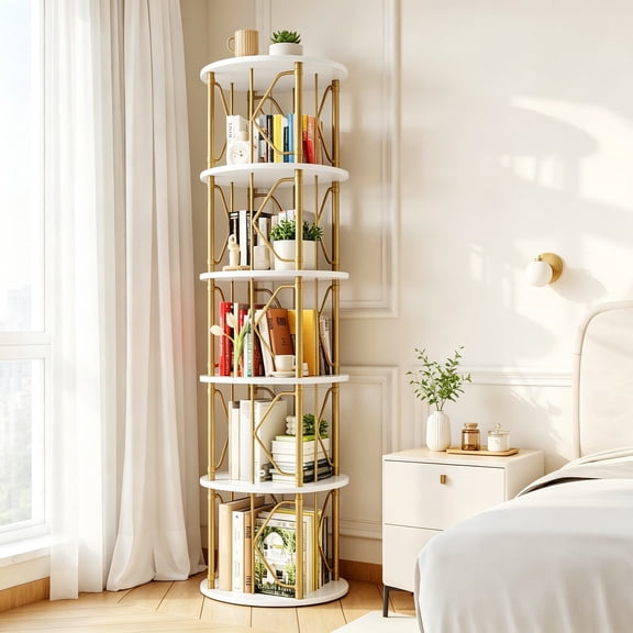 5 Tier Rotating Bookshelf Tower, Revolving Bookcase, 360 Round Spinning Book Shelf, Narrow Swivel Bookshelves, Vertical Turning Corner Bookshelf Organizer for Bedroom, Living Room, Gold & White