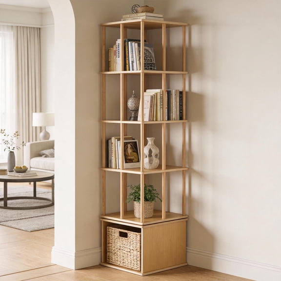 5-Tier Rotating Bookshelf Tower, Solid Wood Bookcase with Storage Base, Compact Freestanding Revolving Shelf Organizer for Small Spaces