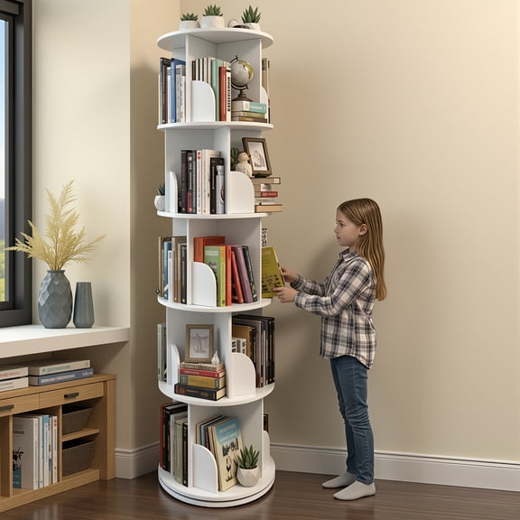 5 Tier Rotating Bookshelf Tower | Spinning 360° Bookcase Lazy Susan, Revolving Round Carousel Shelf, Vertical Spiral Corner Organizer, White Freestanding Wooden Construction, Assembly Required
