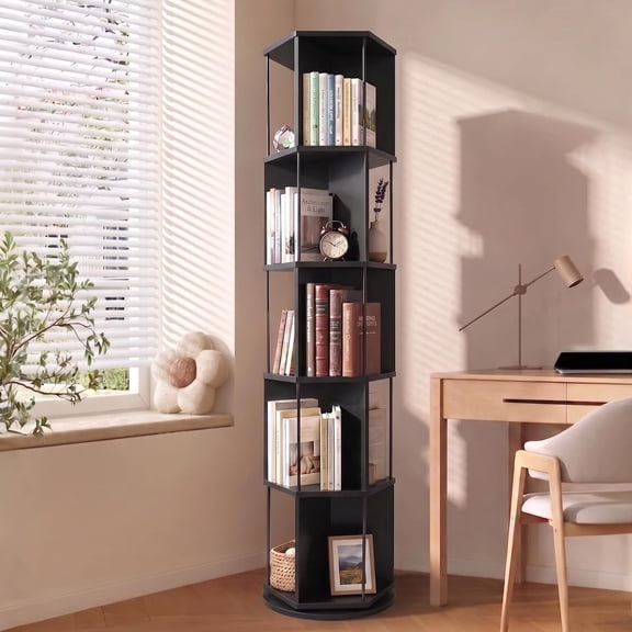 Bloddream 5 Tier Rotating Bookshelf,360° Display Wood Spinning Bookshelf, Vertical Bookcase Storage Round Carousel for Space-Saving,Corner Book Shelf for Home,Office, Bedroom, Black