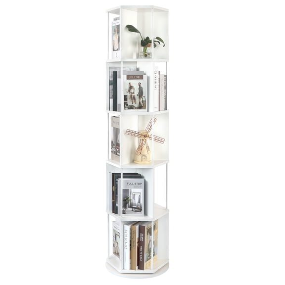 Bloddream 5 Tier Rotating Bookshelf,360° Display Wood Spinning Bookshelf, Vertical Bookcase Storage Round Carousel for Space-Saving,Corner Book Shelf for Home,Office, Bedroom, White