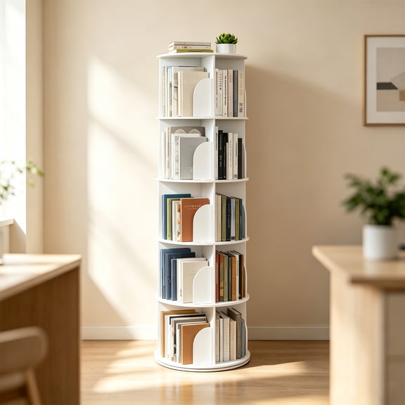 5 Tier Rotating Bookshelf Tower, Spinning Bookcase Lazy Susan, Revolving 360 Book Shelf Storage Round Carousel, Vertical Rotate Turning Spiral Corner Organizer, White