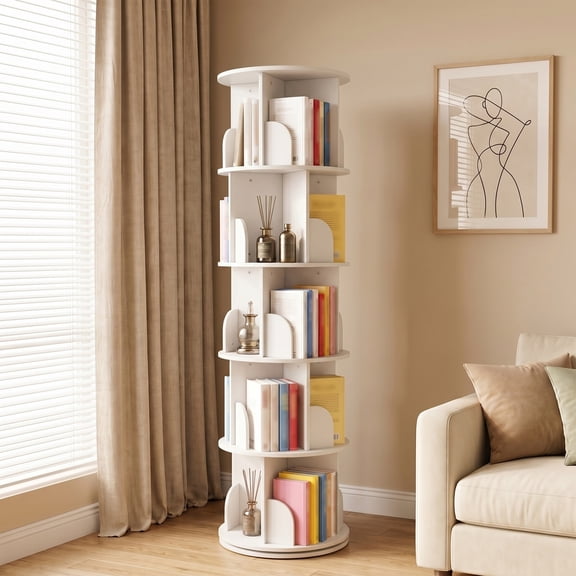 5 Tier Rotating Bookshelf Tower, Spinning Bookcase Lazy Susan, Revolving 360 Book Shelf Storage Round Carousel, Vertical Rotate Turning Spiral Corner Organizer, White