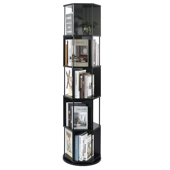 Bloddream 5 Tier Rotating Bookshelf,360° Display Wood Spinning Bookshelf, Vertical Bookcase Storage Round Carousel for Space-Saving,Corner Book Shelf for Home,Office, Bedroom, Black
