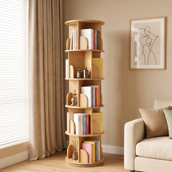 5 Tier Rotating Bookshelf Tower, Spinning Bookcase Lazy Susan, Revolving 360 Book Shelf Storage Round Carousel, Vertical Rotate Turning Spiral Corner Organizer
