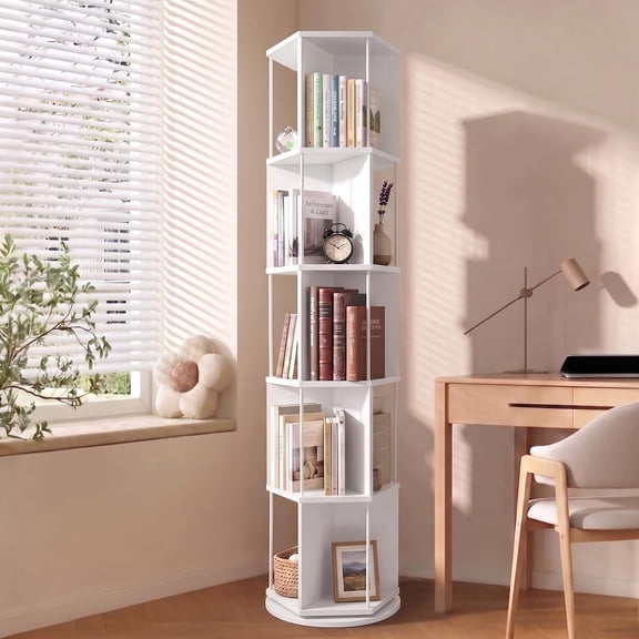 Bloddream 5 Tier Rotating Bookshelf,360° Display Wood Spinning Bookshelf, Vertical Bookcase Storage Round Carousel for Space-Saving,Corner Book Shelf for Home,Office, Bedroom, White