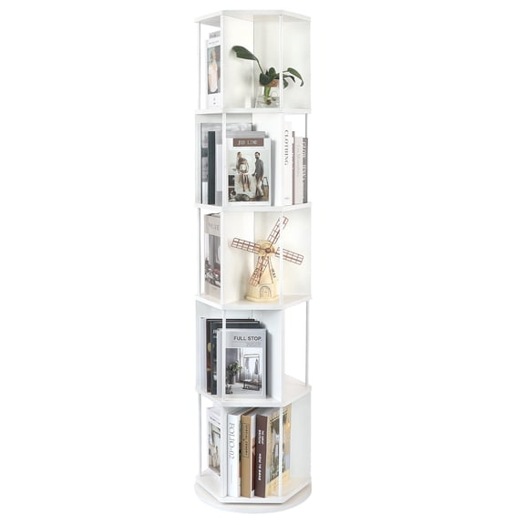 Bloddream 5 Tier Rotating Bookshelf,360° Display Wood Spinning Bookshelf, Vertical Bookcase Storage Round Carousel for Space-Saving,Corner Book Shelf for Home,Office, Bedroom, White