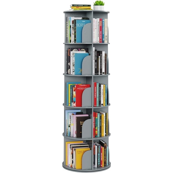 5 Tier Rotating Bookshelf Tower, Spinning Bookcase Lazy Susan, Revolving 360 Book Shelf Storage Round Carousel, Vertical Rotate Turning Spiral Corner Organizer, Gray
