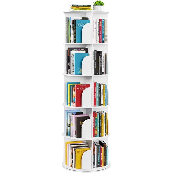 5 Tier Rotating Bookshelf Tower, Spinning Bookcase Lazy Susan, Revolving 360 Book Shelf Storage Round Carousel, Vertical Rotate Turning Spiral Corner Organizer, White