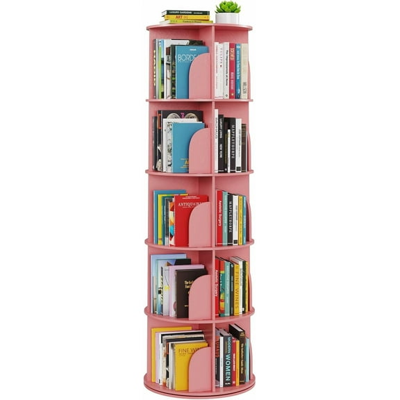 5 Tier Rotating Bookshelf Tower, Spinning Bookcase Lazy Susan, Revolving 360 Book Shelf Storage Round Carousel, Vertical Rotate Turning Spiral Corner Organizer, Pink