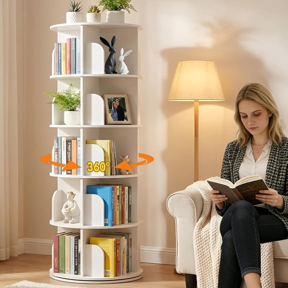 5 Tier Rotating Bookshelf Tower, Spinning Bookshelf, Revolving 360° Bookcase Storage Round Carousel, Vertical Rotate Turning Spiral Corner Organizer Lazy Susan, White