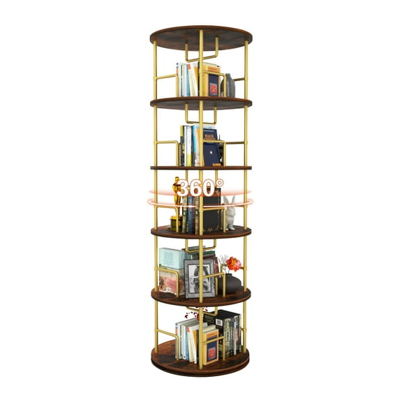 5 Tier Rotating Bookshelf With Gold Finish 360 Degree Display Round Spinning Bookcase Space Saving Tower For Home Office