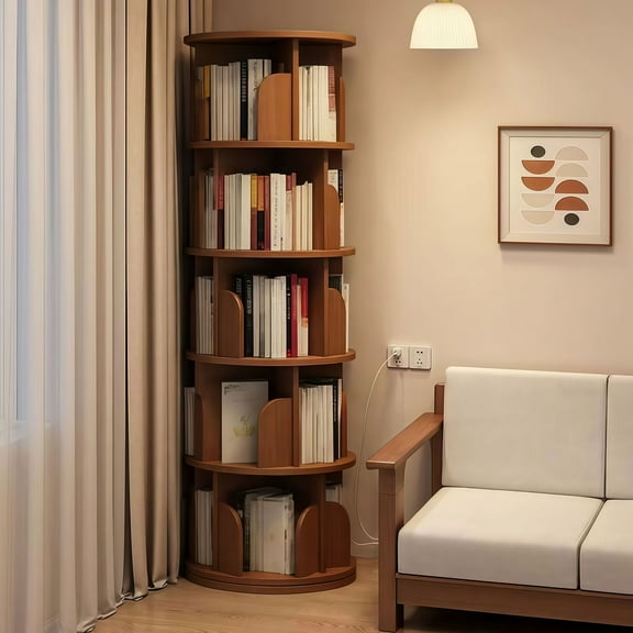 5 Tier Rotating Bookshelf With Walnut Finish, 360 Degree Display, Space-Saving Solution For Home And Office Organization