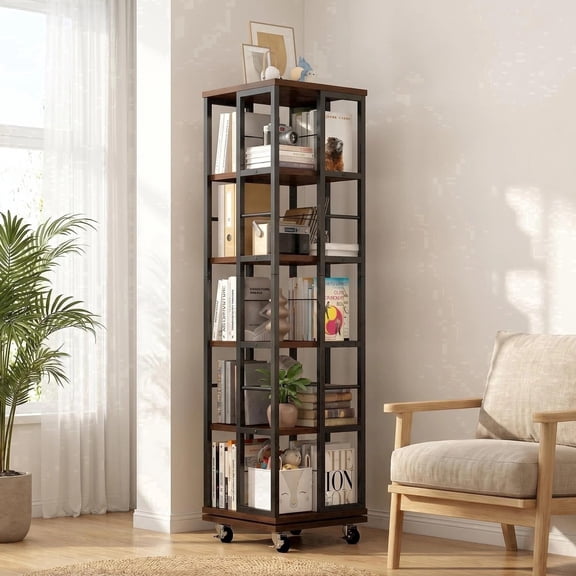 Jivora 5-Tier Rotating Bookshelf with Storage Cabinet, Floor Standing Bookcase for Adults