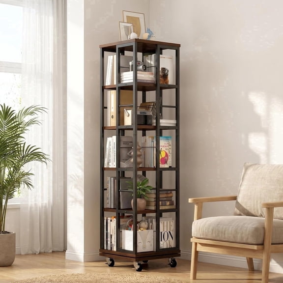 Jivora 5-Tier Rotating Bookshelf with Storage Cabinet, Brown