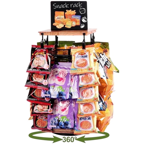 Chip Display Rack, 360 Rotating Chip Rack Display Stand for Party, Back to School Snack Rack Display Stand with Message Board for Party, Retail, Countertop, Gift for Women Men