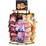 Chip Display Rack, 360  Rotating Chip Rack Display Stand for Party, Back to School Snack Rack Display Stand with Message Board for Party, Retail, Countertop, Gift for Women Men