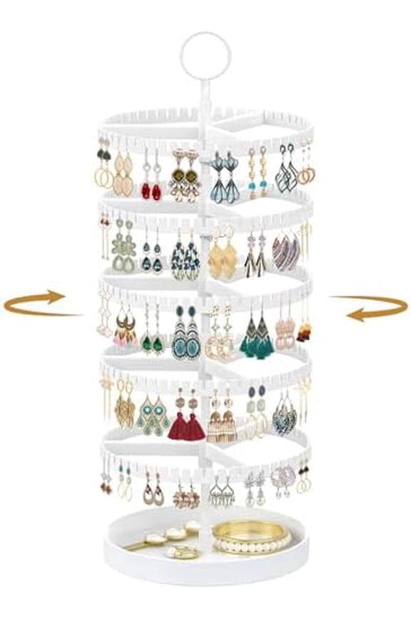 5 Tier Rotating Earring Holder Organizer Display Tree with Metal Tray, Adjustable Plastic Stand with 285 Slots for Stud Hoop Hanger, Large Capacity Storage Rack for Women Space Saving, White