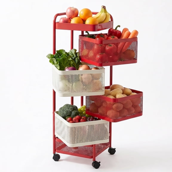 5-Tier Rotating Fruit and Vegetable Rack, Metal Kitchen Storage Cart with Mesh Baskets, Space-Saving Utility Organizer for Kitchen, Living Room, Pantry