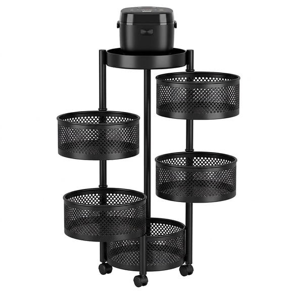 5 Tier Rotating Fruit and Vegetable Basket Cart with Metal Top Lid, Rolling Wire Mesh Storage Rack Organizer on Wheels for Potato Onion, Black