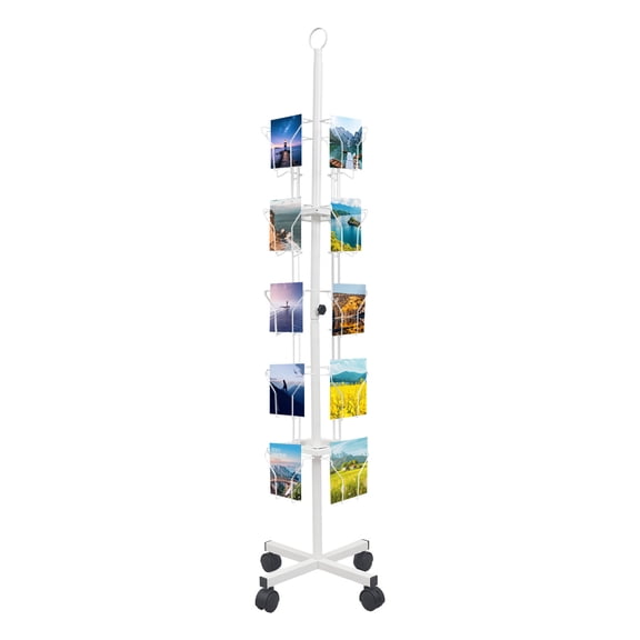 5-Tier Rotating Greeting Card Display Rack Holds 20 Cards, Cold Rolled Steel Pocket Stand with 4 Universal Wheels, Portable Postcard Holder for Classroom, Office & Library