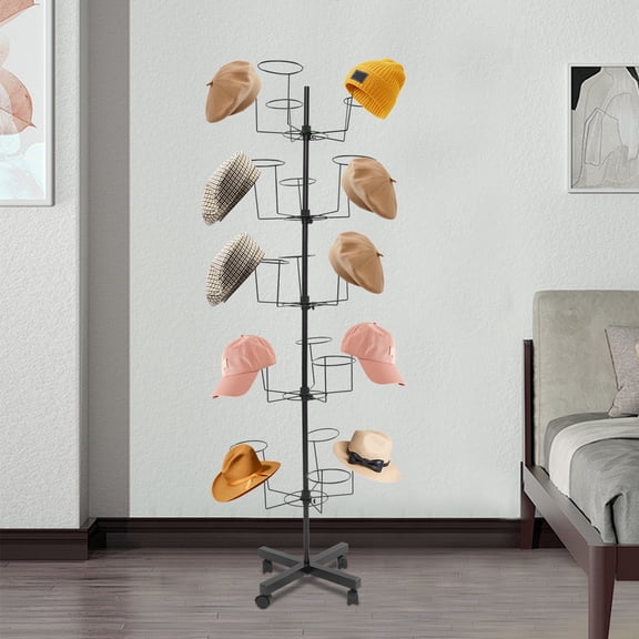 5-Tier Rotating Hat Display Stand with 25 Hooks, 8.82lbs Capacity Mobile Hat Rack on 4 Wheels (2 Lockable), Commercial Grade Hat Organizer for Retail Stores, Closet & Bedroom