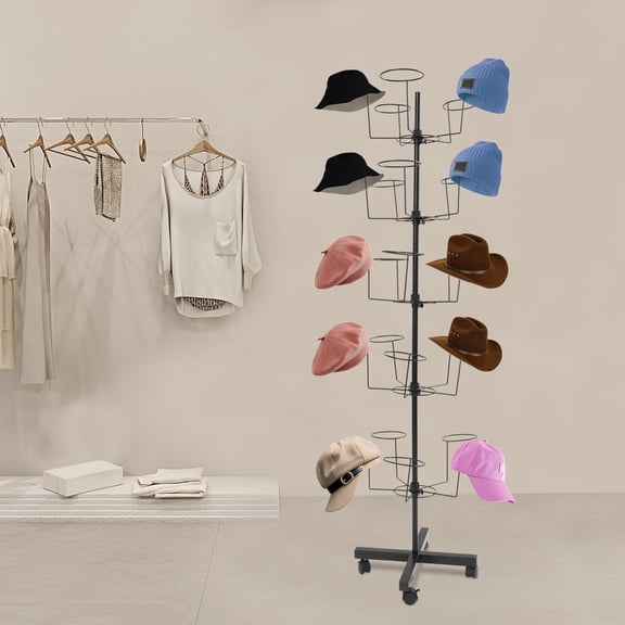 5-Tier Rotating Hat Display Stand, Free Standing Hat Rack Stand, Rolling Display Hat Stand with 25 Metal Hooks, Cap Organizer for Wig Cap Baseball Hats (Black)